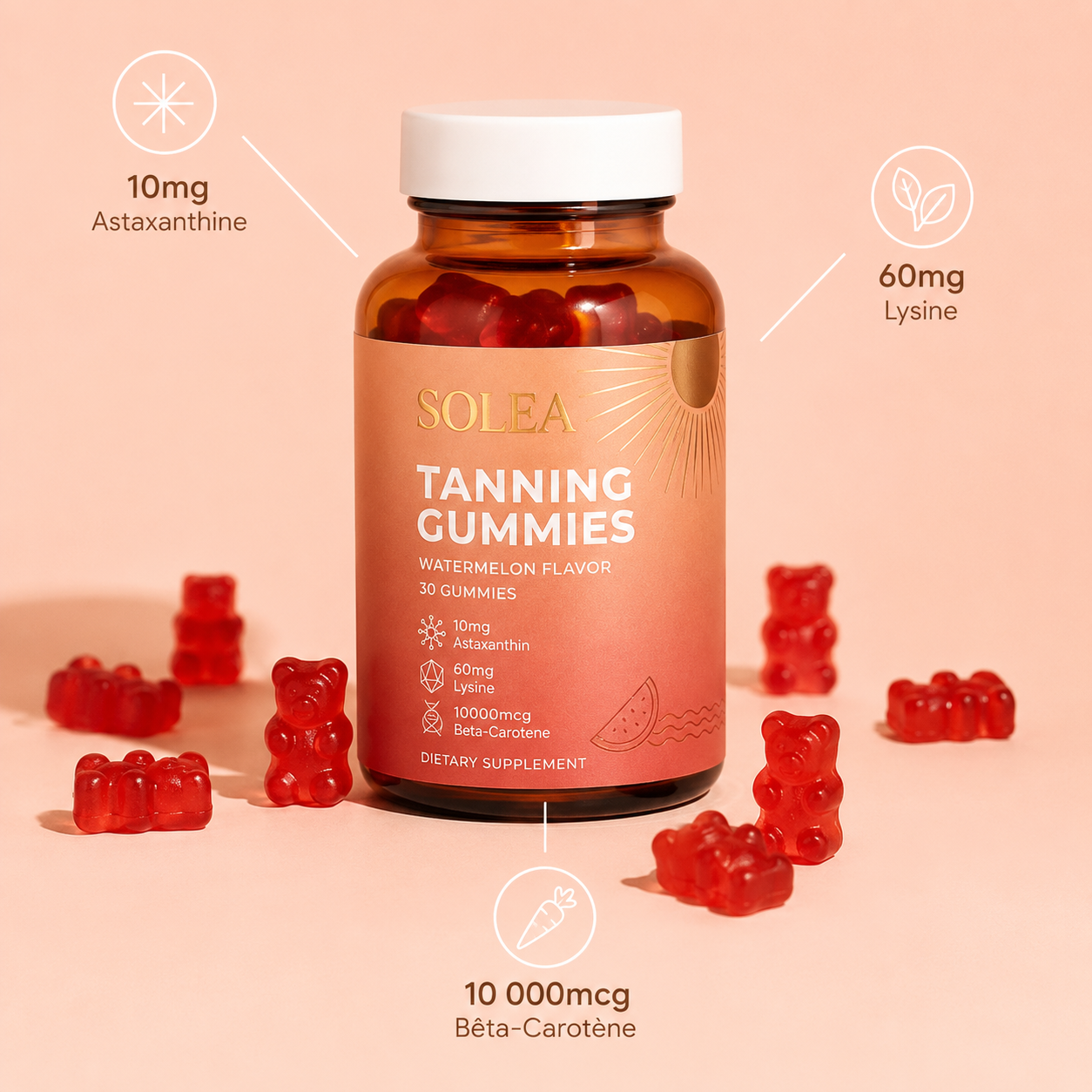 SOLEA Tanning Gummies™ Les oursons gélifiés qui révèlent ton bronzage naturellement. Sans soleil. Sans UV.