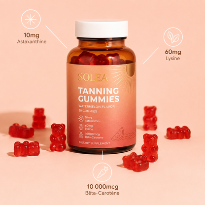 SOLEA Tanning Gummies™ Les oursons gélifiés qui révèlent ton bronzage naturellement. Sans soleil. Sans UV.