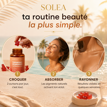 SOLEA Tanning Gummies™ Les oursons gélifiés qui révèlent ton bronzage naturellement. Sans soleil. Sans UV.