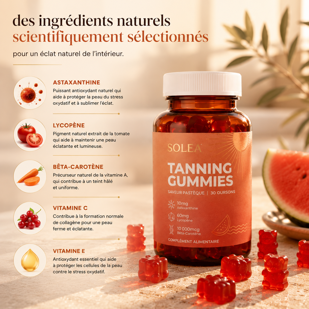 SOLEA Tanning Gummies™ Les oursons gélifiés qui révèlent ton bronzage naturellement. Sans soleil. Sans UV.