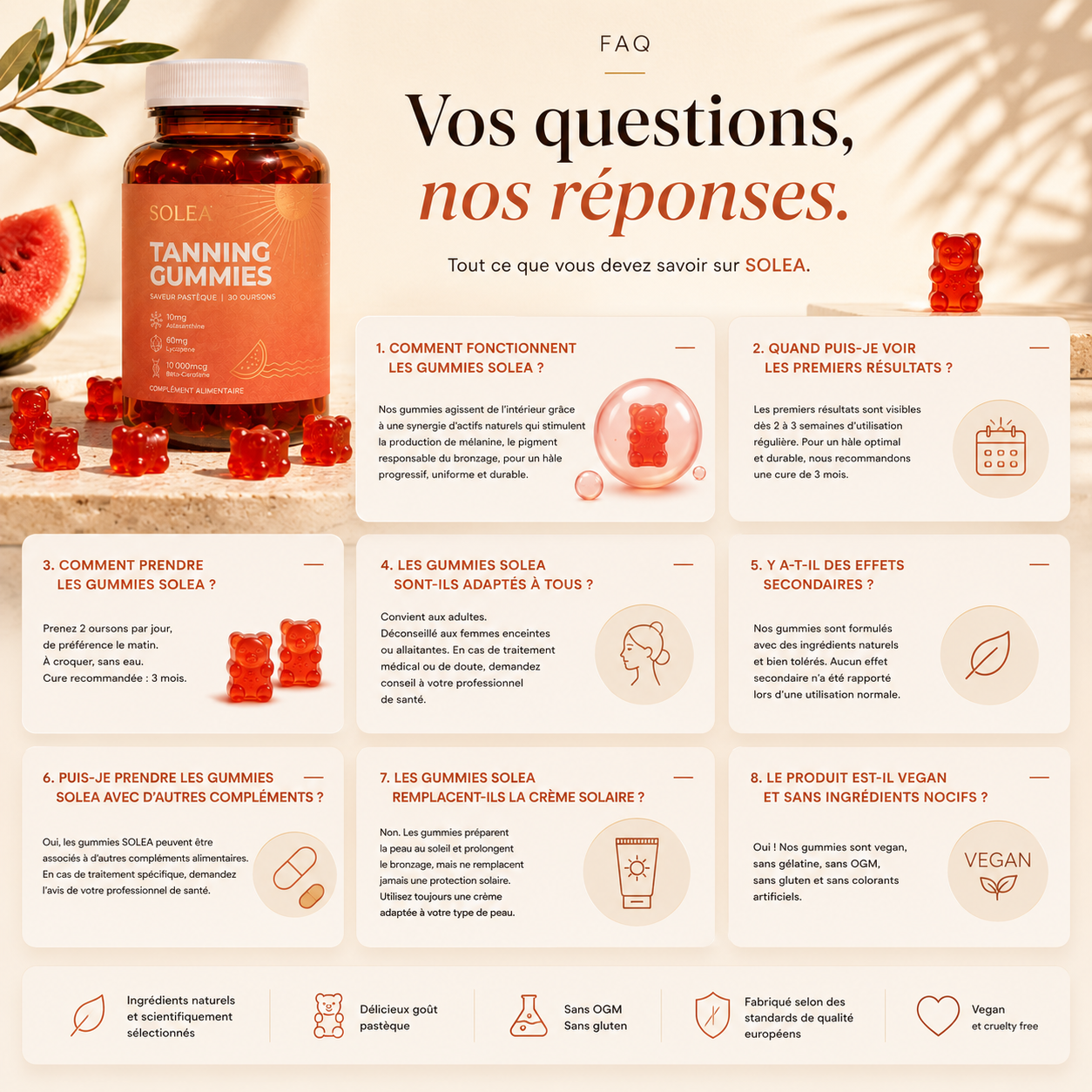 SOLEA Tanning Gummies™ Les oursons gélifiés qui révèlent ton bronzage naturellement. Sans soleil. Sans UV.