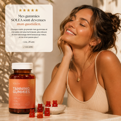 SOLEA Tanning Gummies™ Les oursons gélifiés qui révèlent ton bronzage naturellement. Sans soleil. Sans UV.